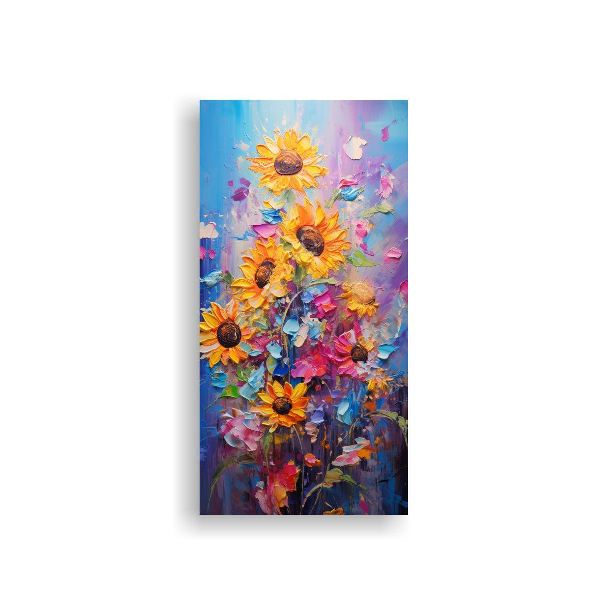 Pintura De Girasoles Vibrantes En Lienzo, Textura 20x40cm-0