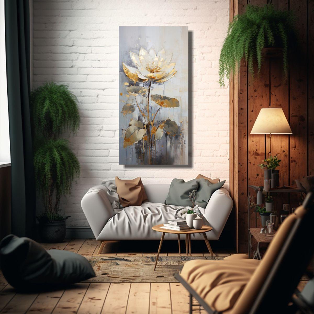 Pintura Floral Acuarela En Bastidor Estilo Loto 60x120cm-2