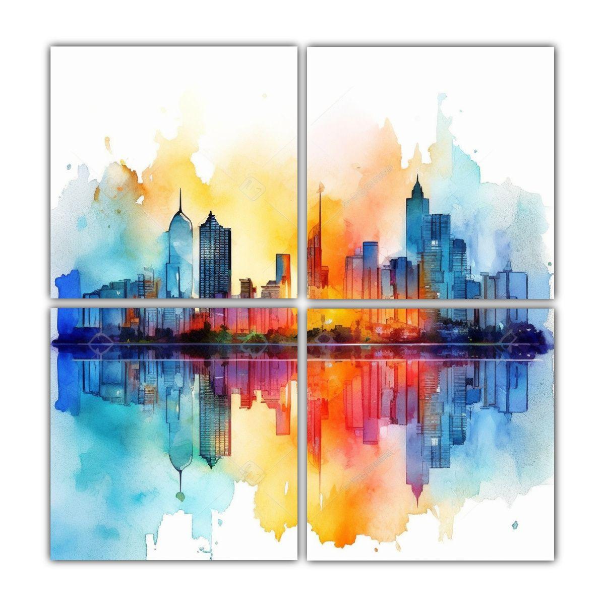 Paisaje Urbano Vibrante Pintura Acuarela Cuadro 160x160 Cm-0