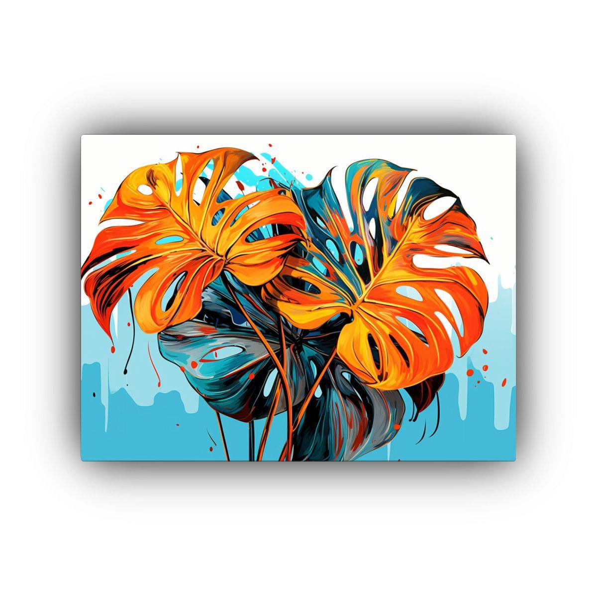 Cuadro De Monstera En Turquesa Y Naranja: 30x20cm-0