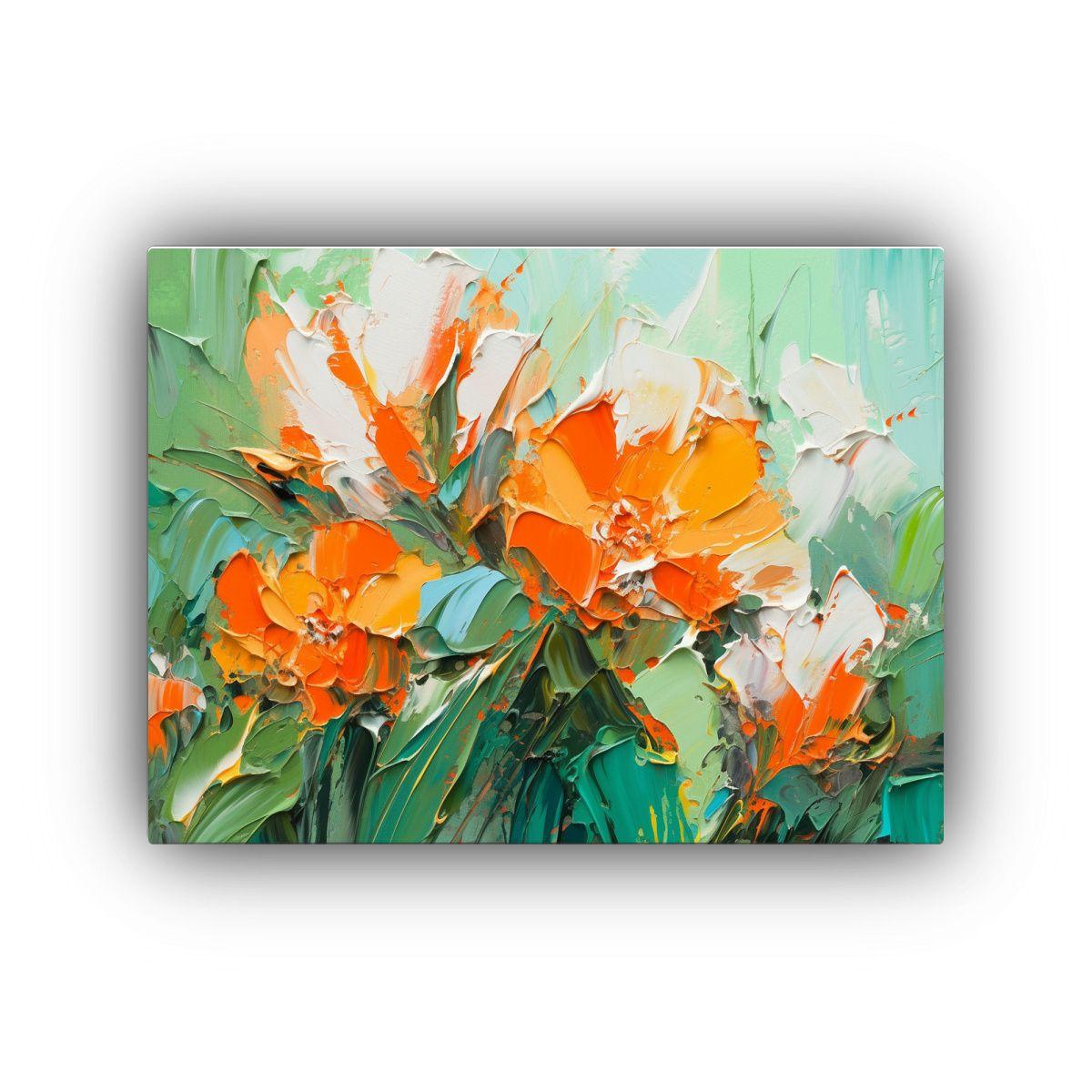 Pintura Floral Verde Y Naranja En Lienzo Para Decoración Cr 90x60cm-0