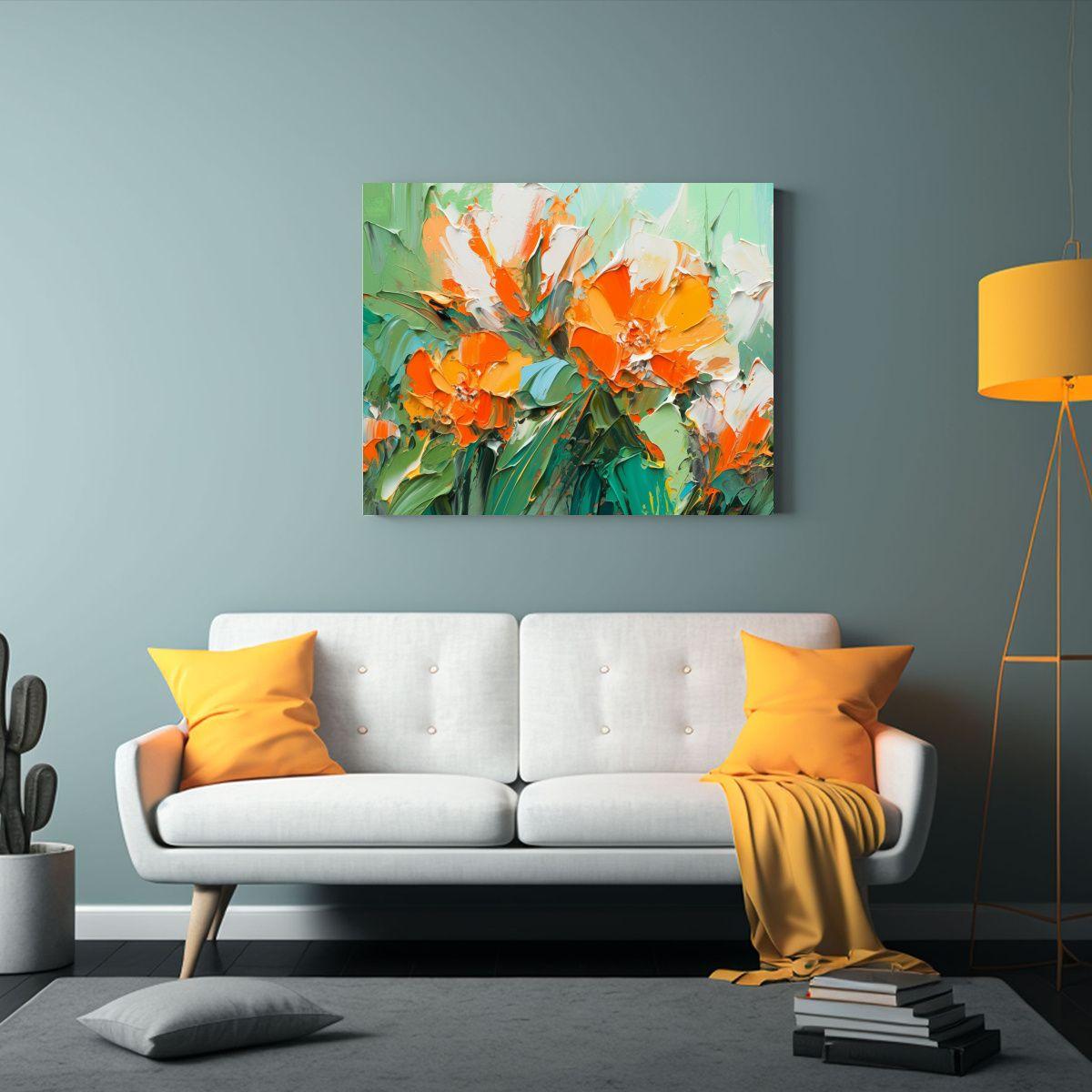 Pintura Floral Verde Y Naranja En Lienzo Para Decoración Cr 90x60cm-2