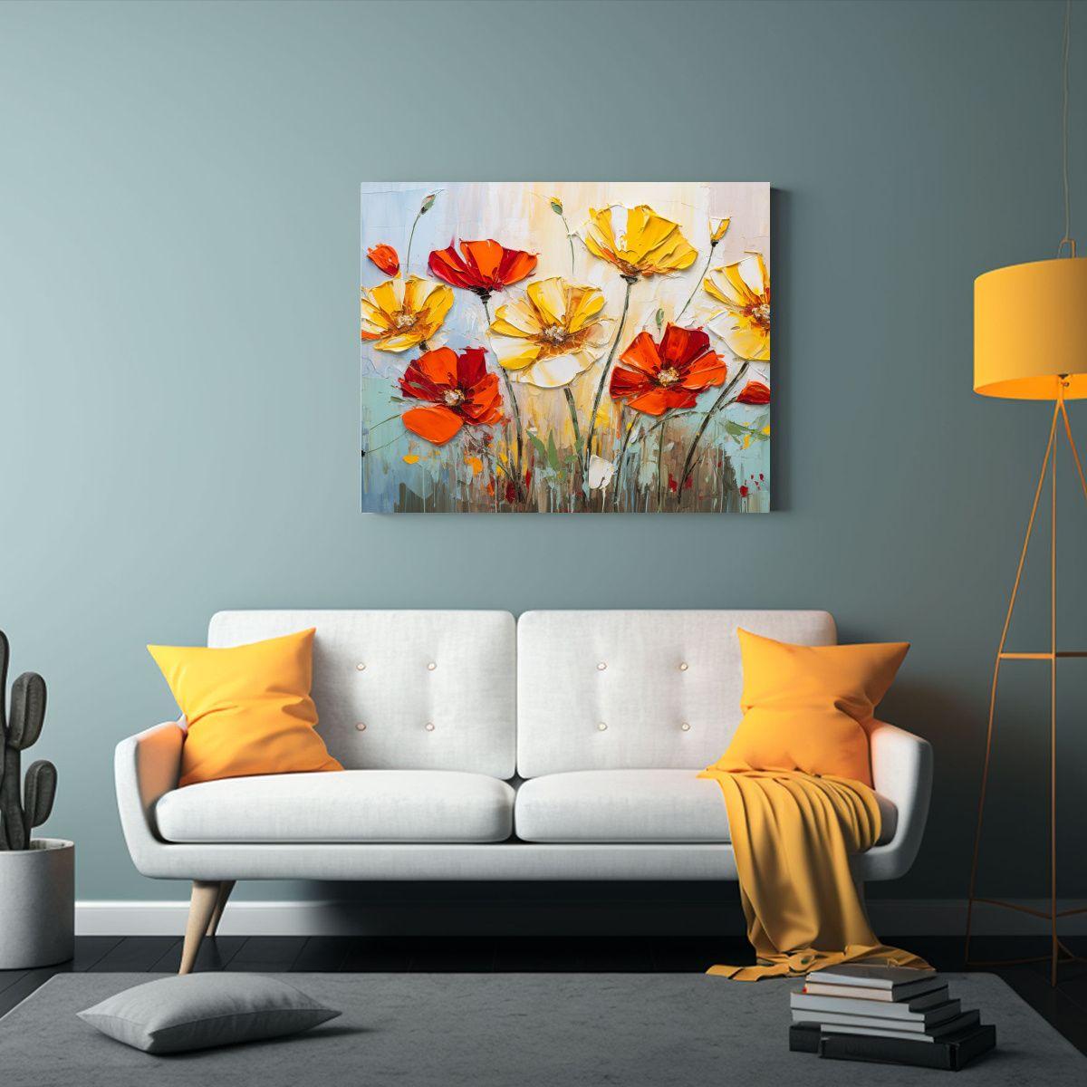 Pintura Horizontal Llamativa De Flores Amarillas Y Rojas En  90x60cm-2