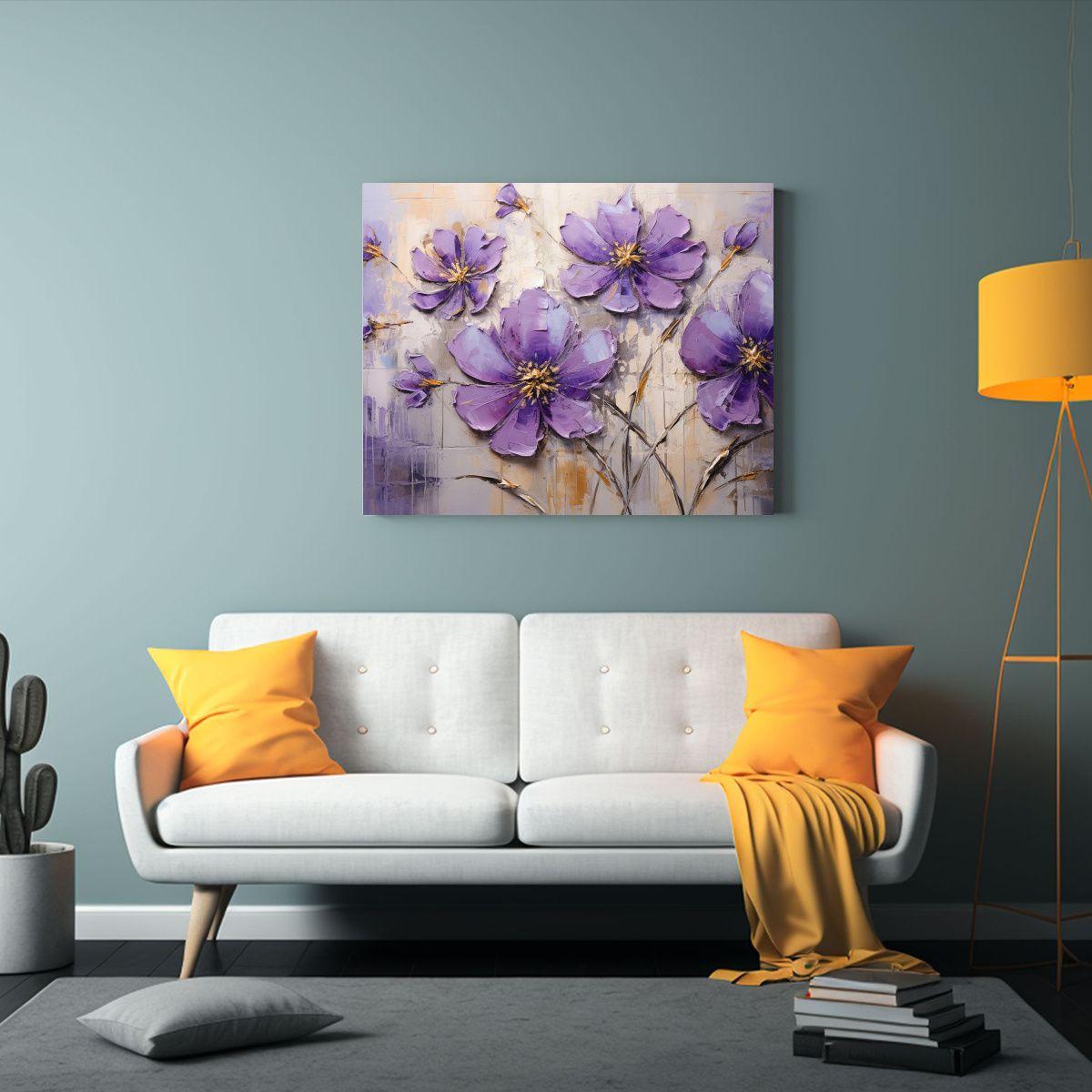 Pintura En Lienzo De Flores Moradas Y Doradas De 45x30cm-2