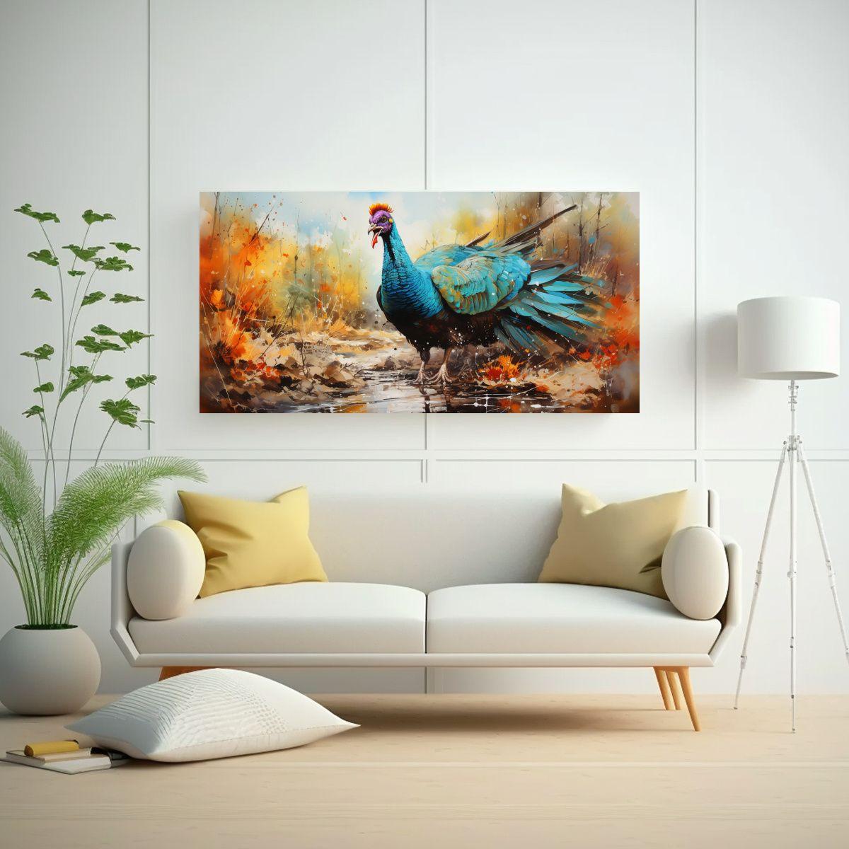 Obra Maestra: Pavo En Acuarela Estilo Colorido. 120x60 Cm-2