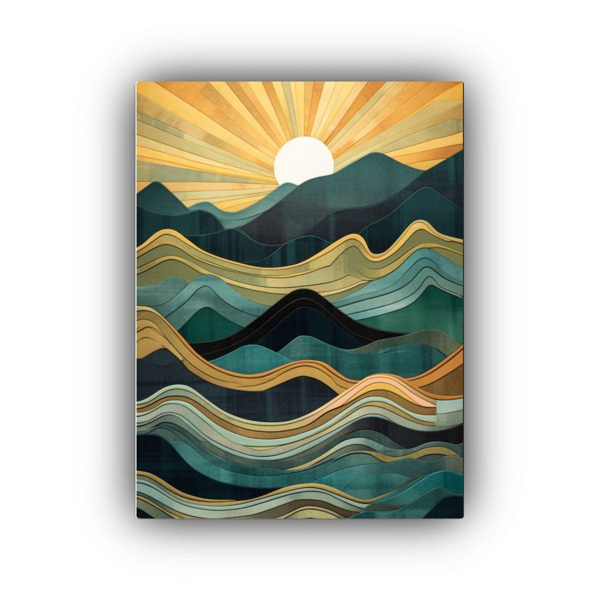 Tela En Bastidor Moderno: Pintura Abstracta Montañas Y Océ 30x40cm-0