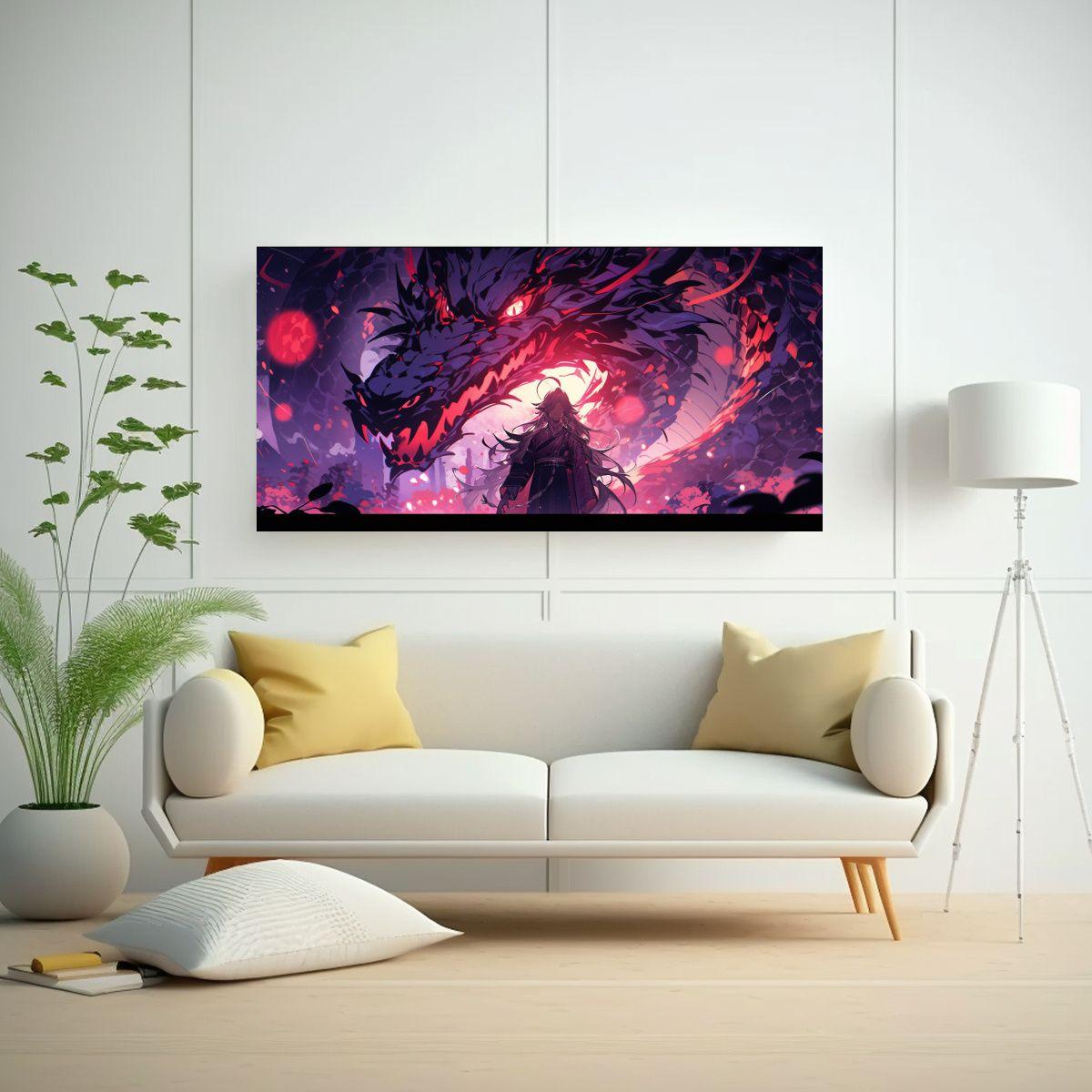 Cuadro Tela Movimiento Enigmático Dragón Morado 140x70cm-2