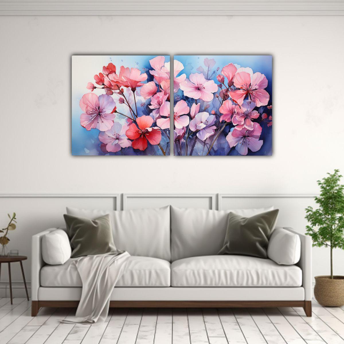Diptico Decorativo Con Flores Geranios En Colores 80x40 Cm-2