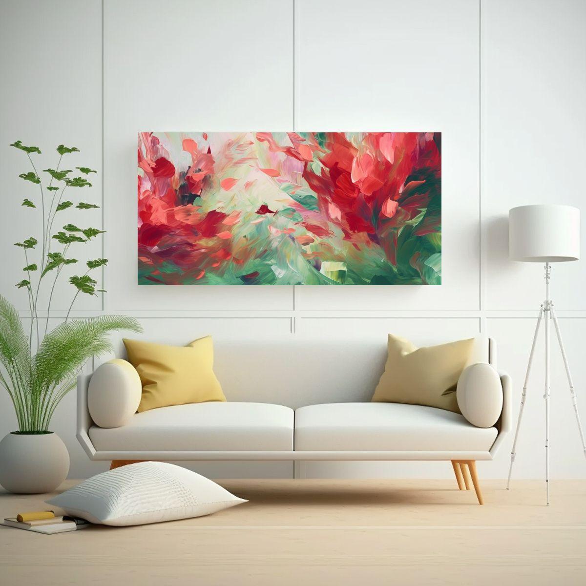 Cuadro Abstracto Rojo Y Verde Flores 60x30cm-2