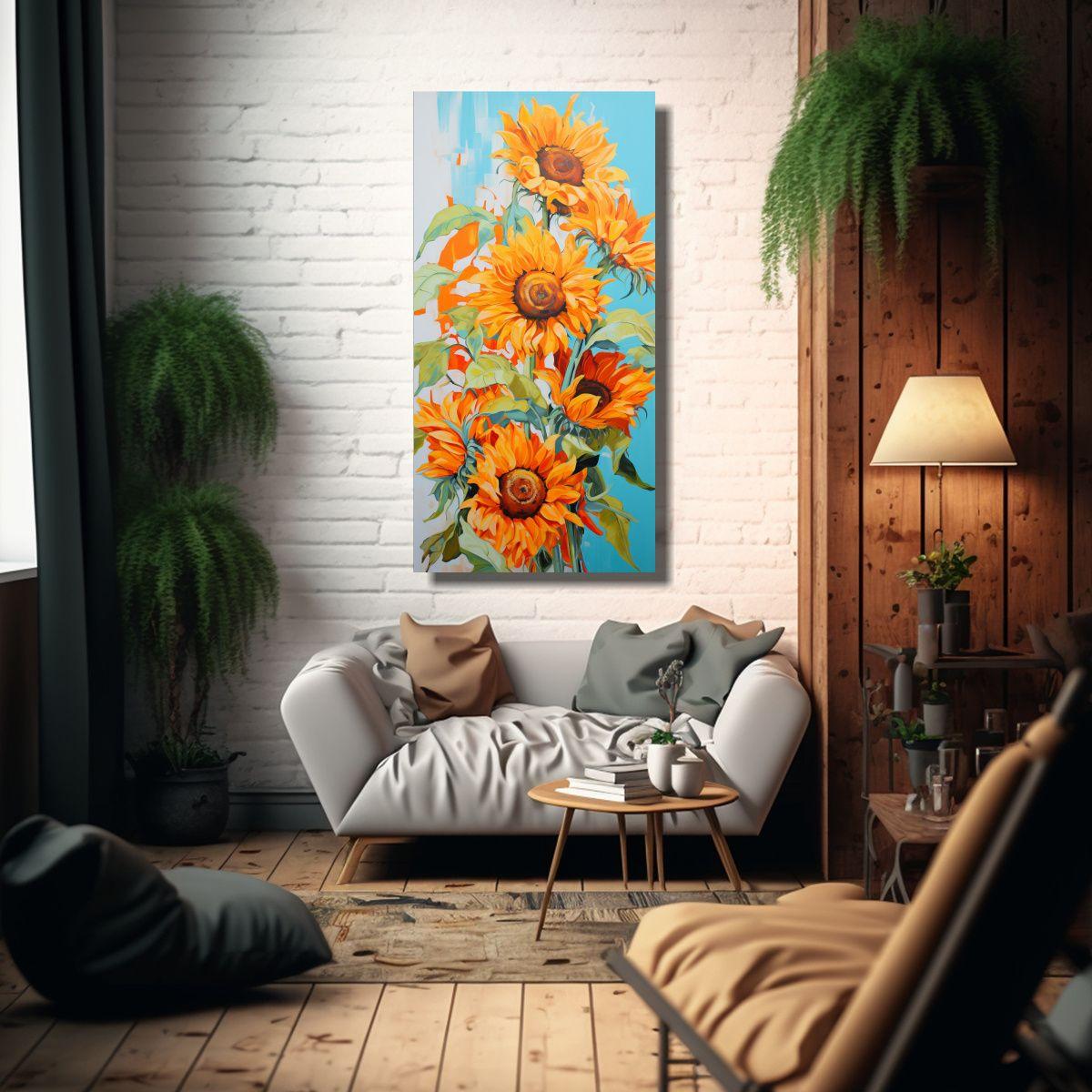 Cuadro Concepto Elegante De Girasoles Naranjas En 70x140cm-2