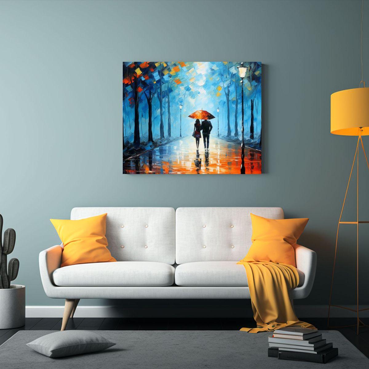 Pareja Con Paraguas Paseando Bajo La Lluvia En árbol. 60x40cm-2