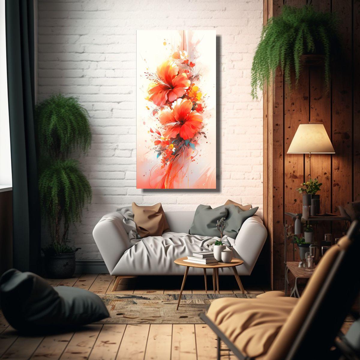 Pintura Abstracta Hibiscos Vibrantes En Acuarela 70x140cm-2