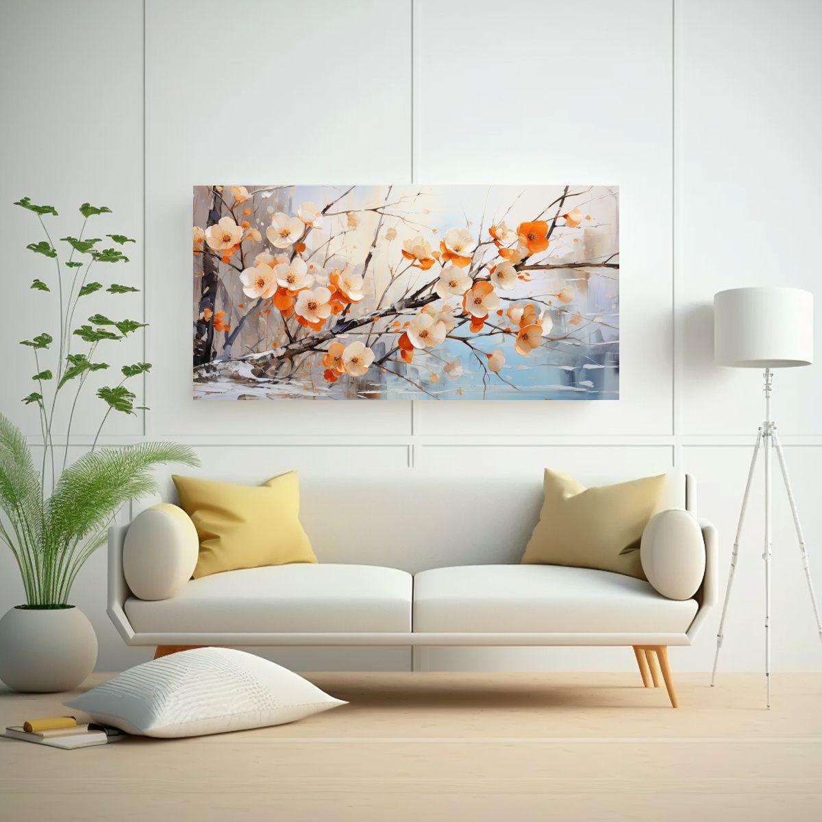 Pintura Abstracta De árbol Blanco Y Naranja En 140x70cm-2