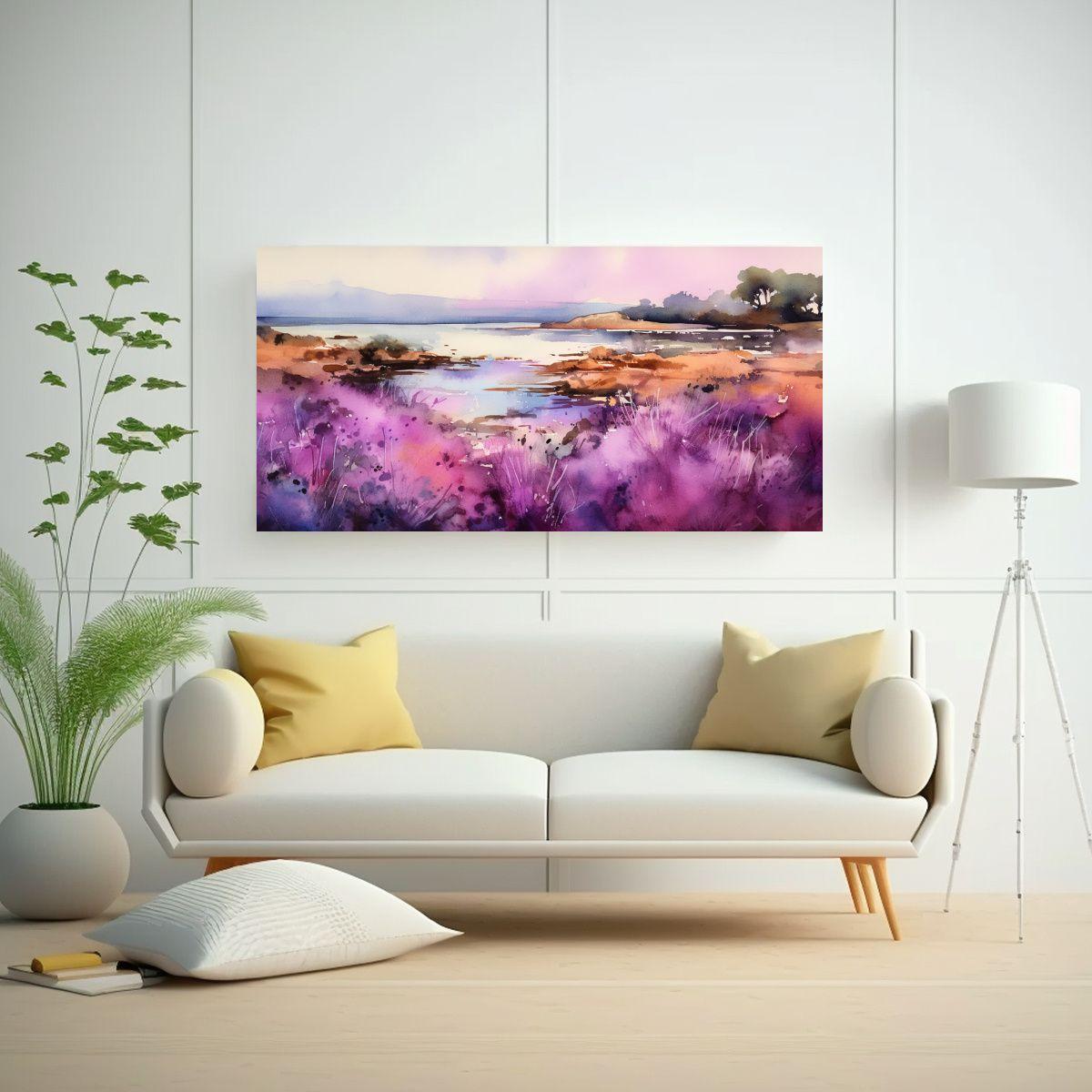 Pintura Acuarela Abstracta Campos Morados Arte 80x40 Cm-2