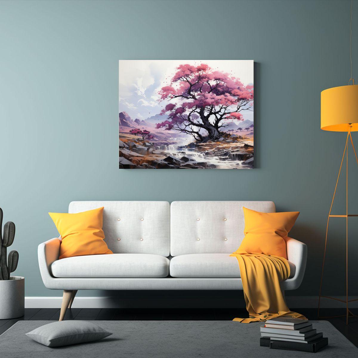 Pintura Abstracta De Un árbol De Enebro Rosa Y Azul De Alta 65x50cm-2