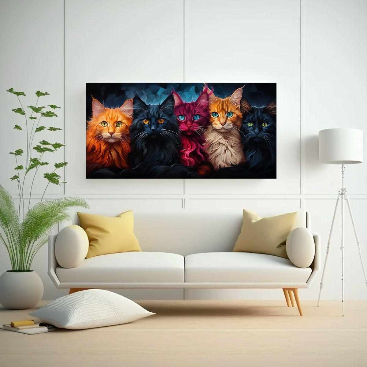 Cuadro De Gatos De Colores En Lienzo Con Tonos 60x30cm-2
