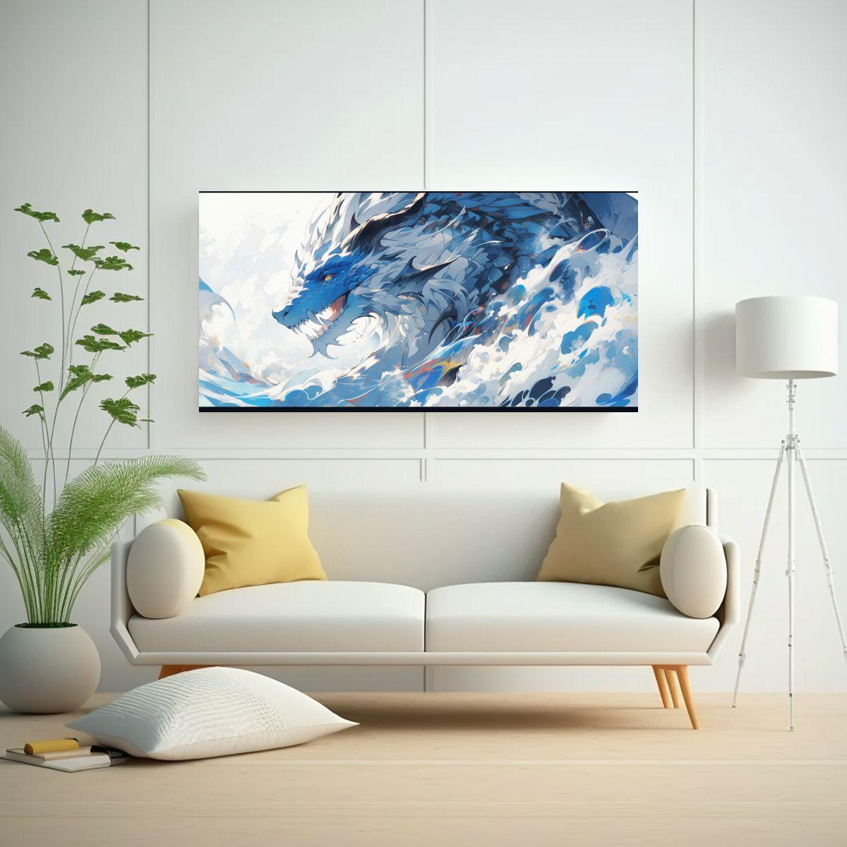 Cuadro Mural Dragón Blanco Y Azul Estilo Neonoir 60x30cm-2