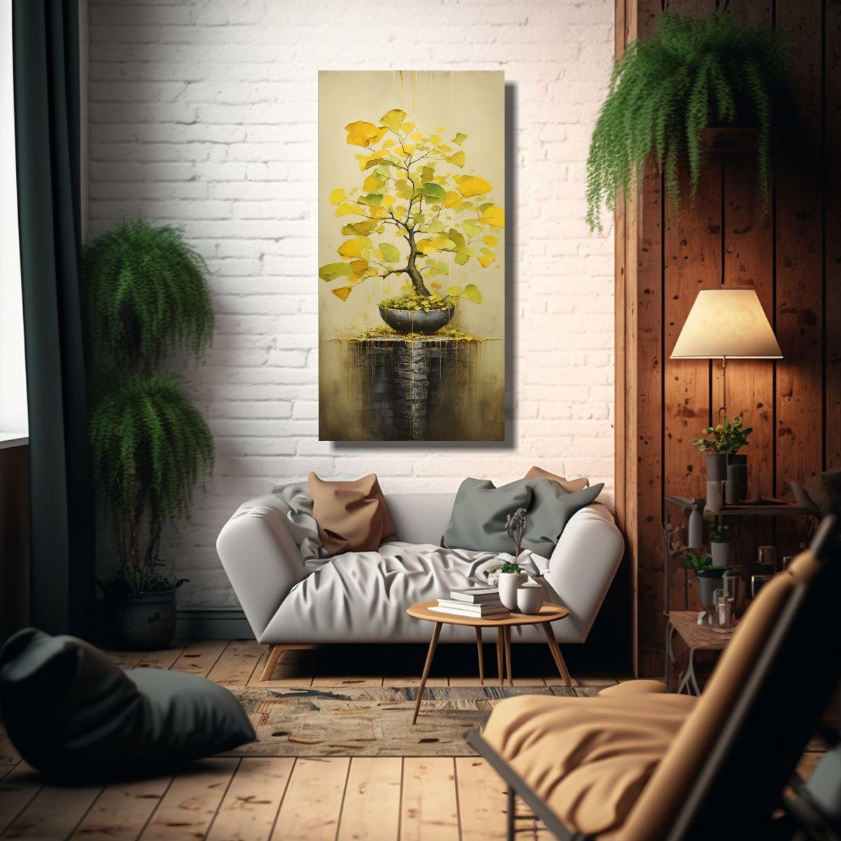 Pintura Abstracta Detalle Ginkgo Biloba Bonsai 70x140 Cm-2