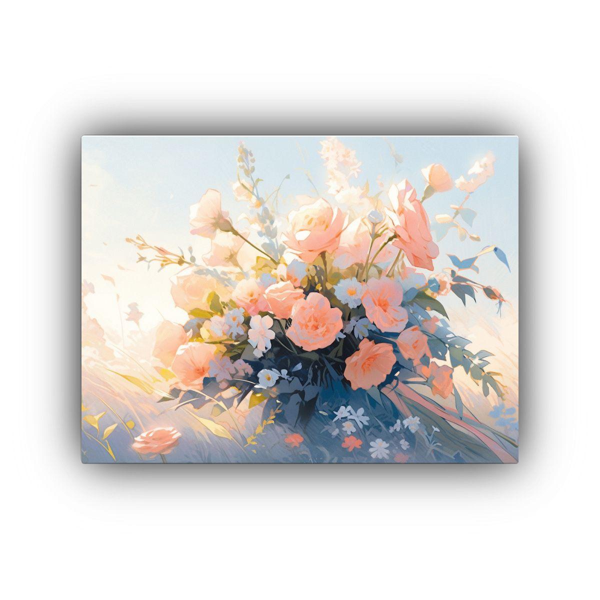 Pintura De Flores En Lienzo Estilo Decorativo En Tonos Paste 40x30cm-0