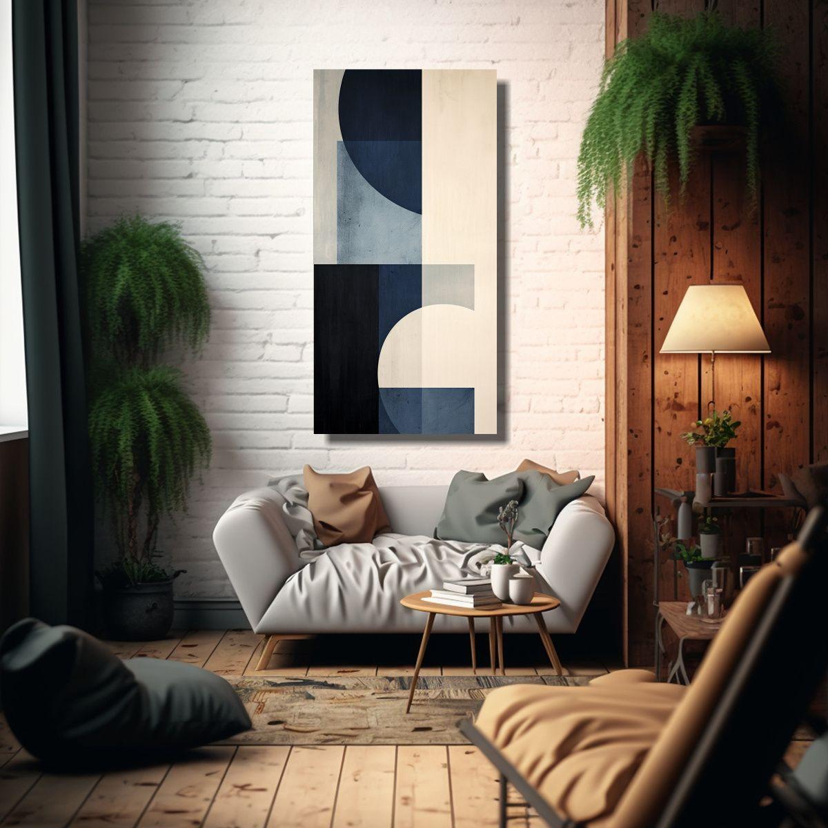 Pintura Abstracta Azul Y Gris En Lienzo Blanco 50x100cm-2