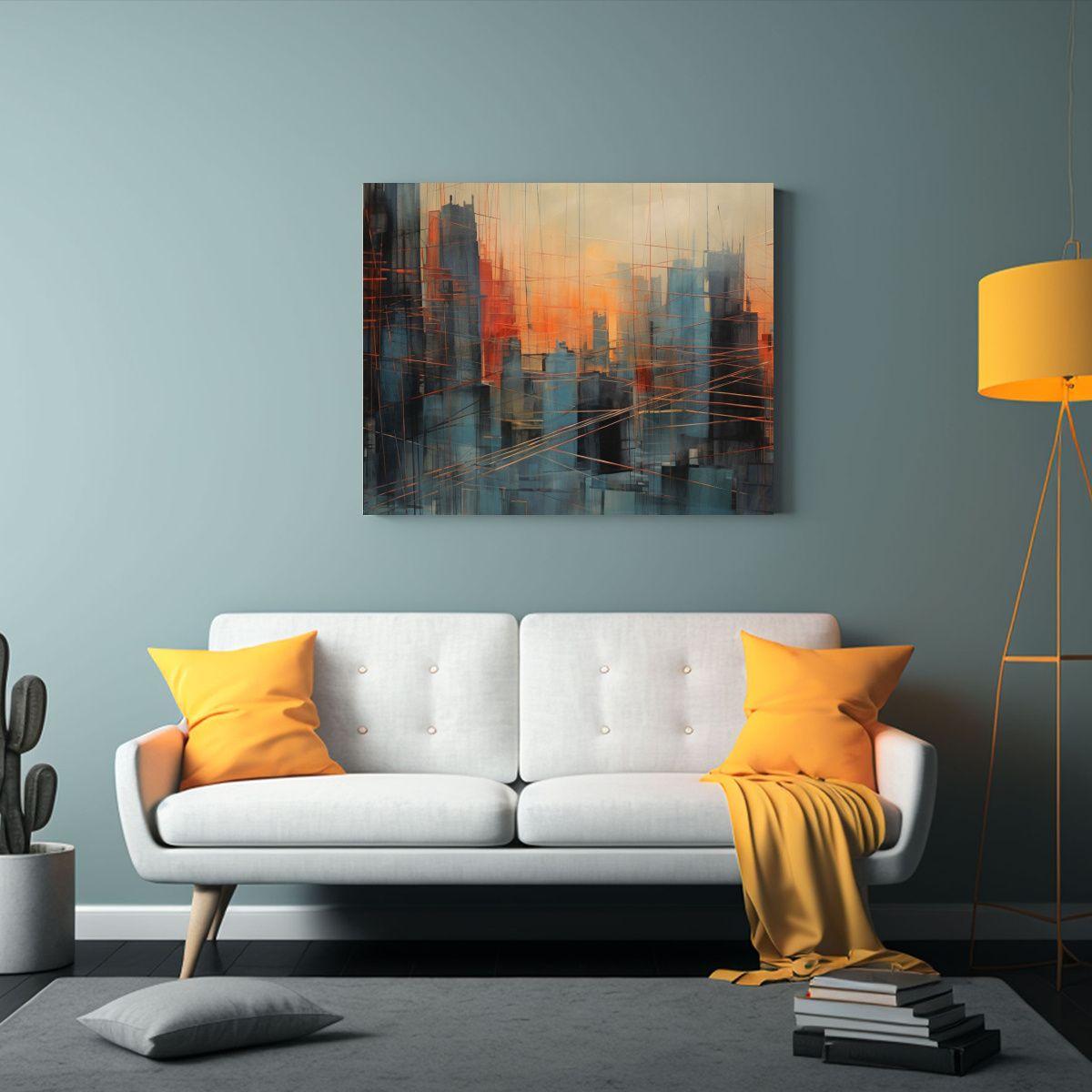 Pintura Abstracta De Ciudad En Rojo, Azul Y Naranja: Vanguar 60x40cm-2