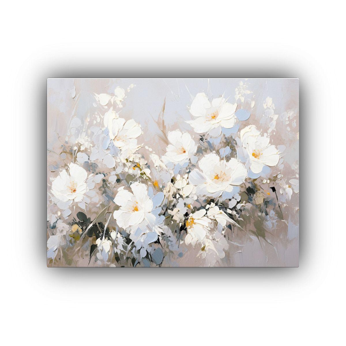 Pintura De Flores Blancas En Lienzo Estilo 65x50cm-0