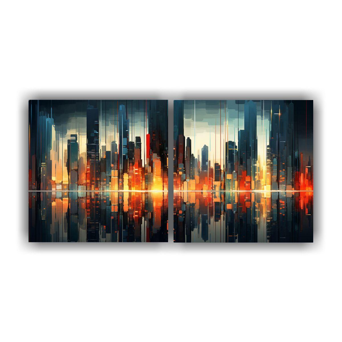 Cuadro Abstracto Multicolor De Ciudad En Lienzo, 140x70 Cm-0