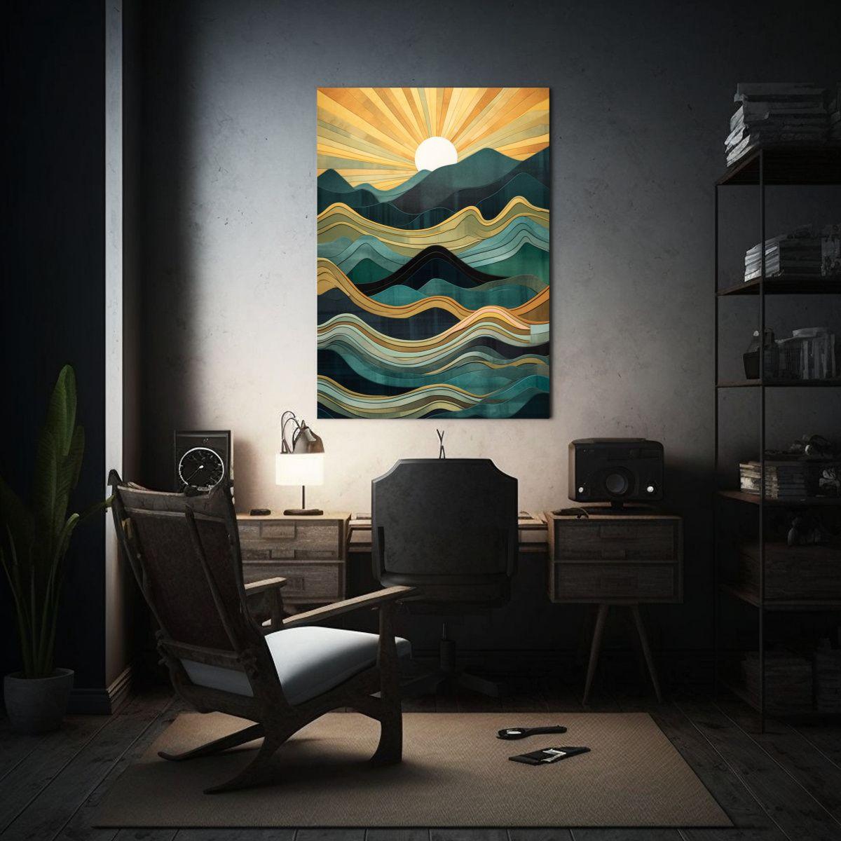 Tela En Bastidor Moderno: Pintura Abstracta Montañas Y Océ 50x75cm-2