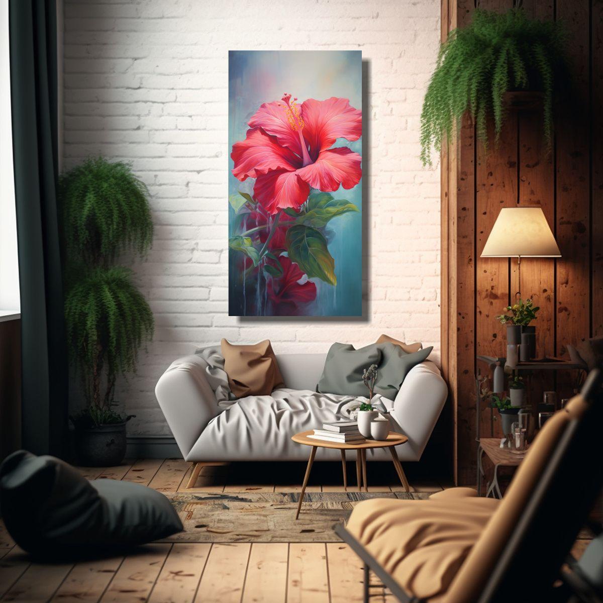 Pintura Abstracta De Hibiscos En Tonos De 80x160cm-2