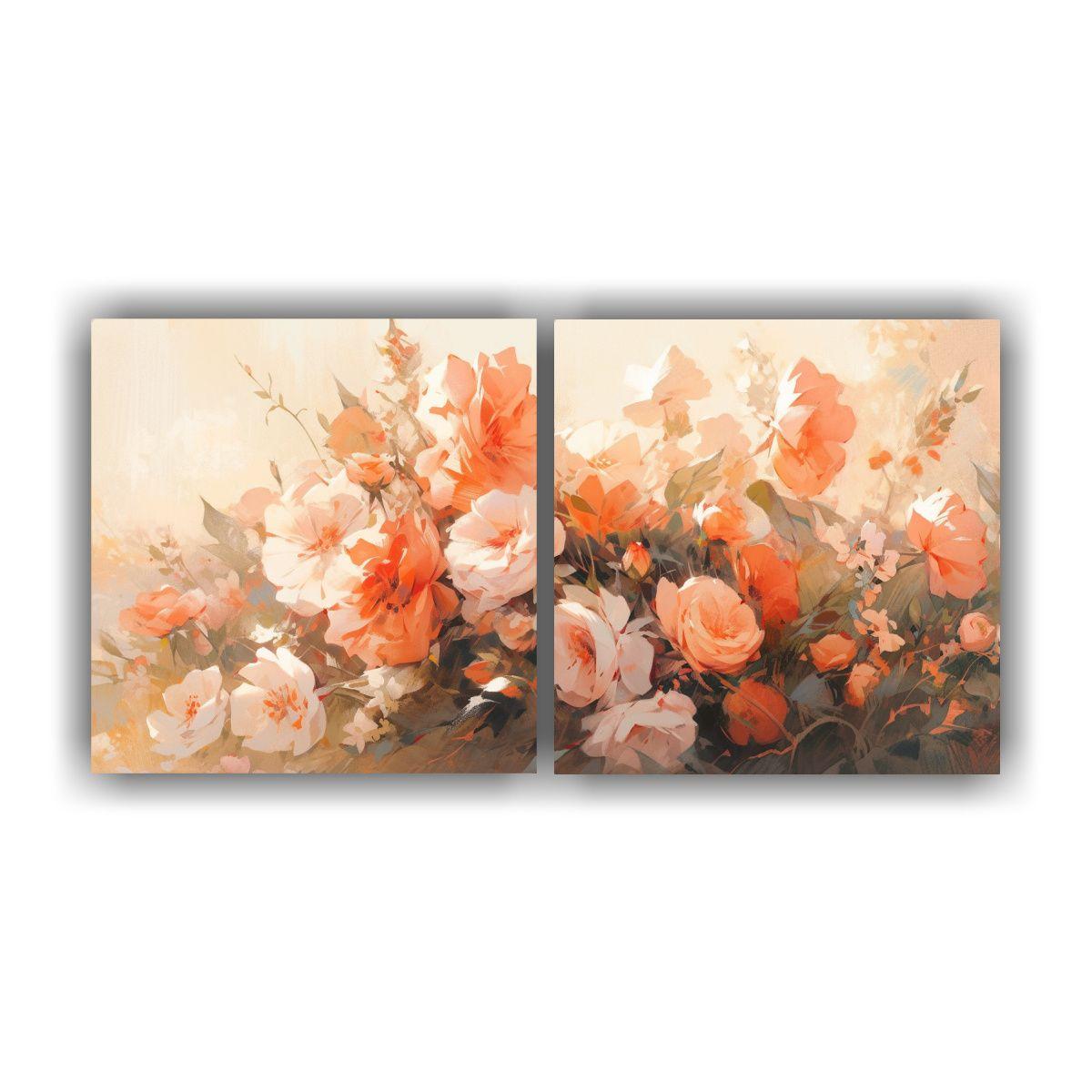 Cuadro Floral En Lienzo En Colores Naranja Y Rosa 40x20 Cm-0
