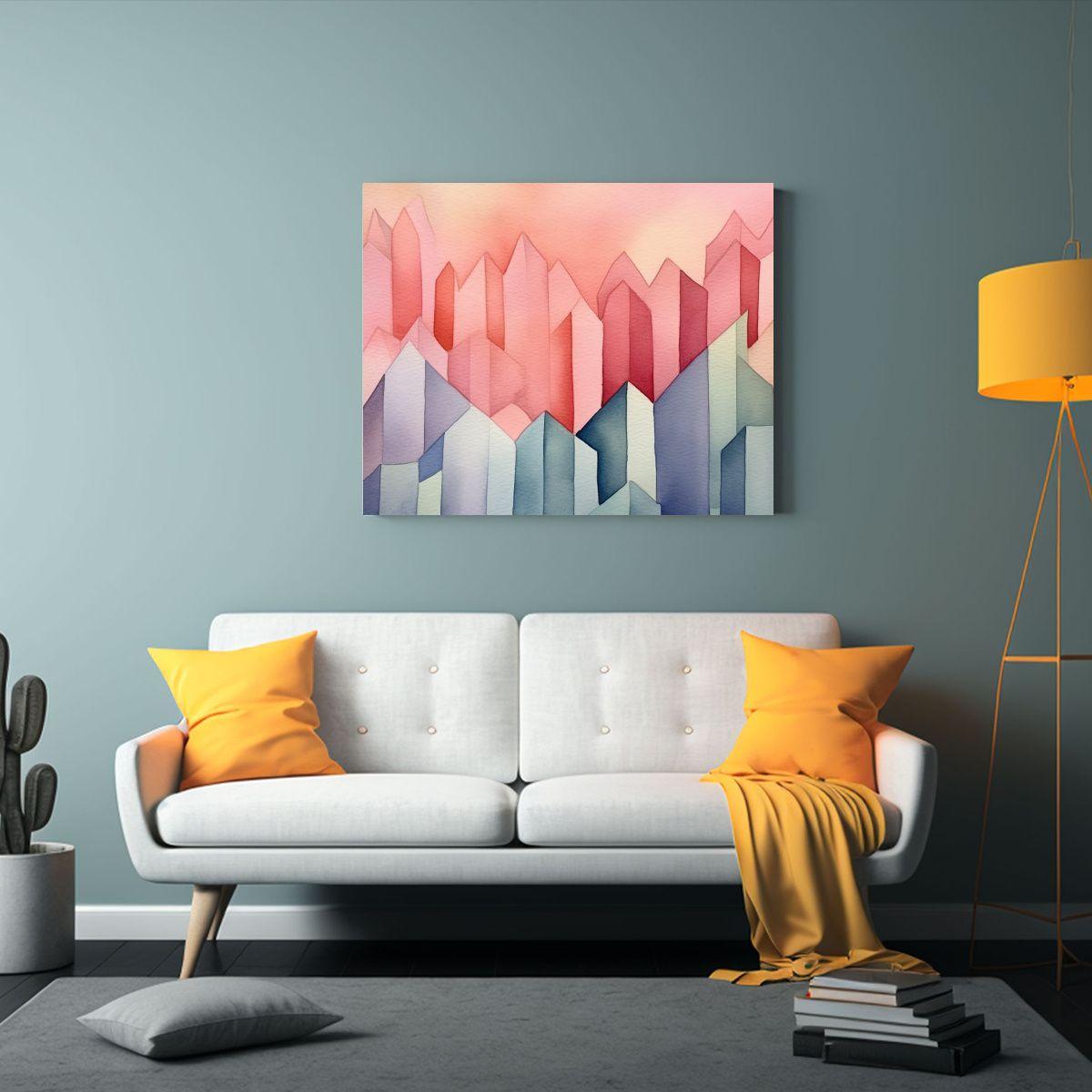 Pintura Acuarela Cubista Montaña Suave Colores 30x20cm-2