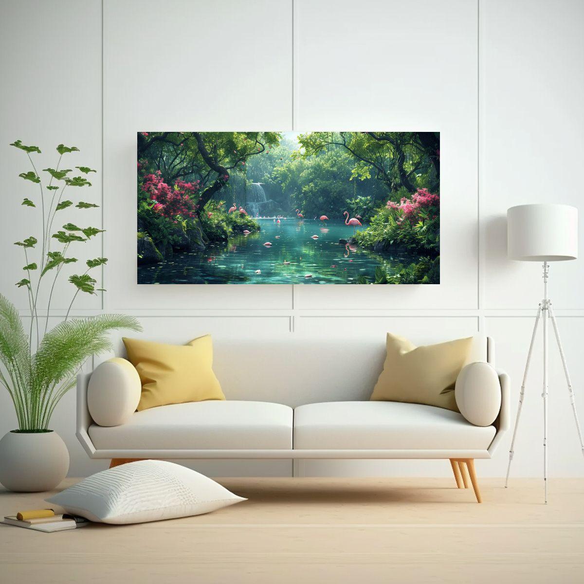 Pintura De Pared Naturaleza Con Aves En Río 80x40cm-2