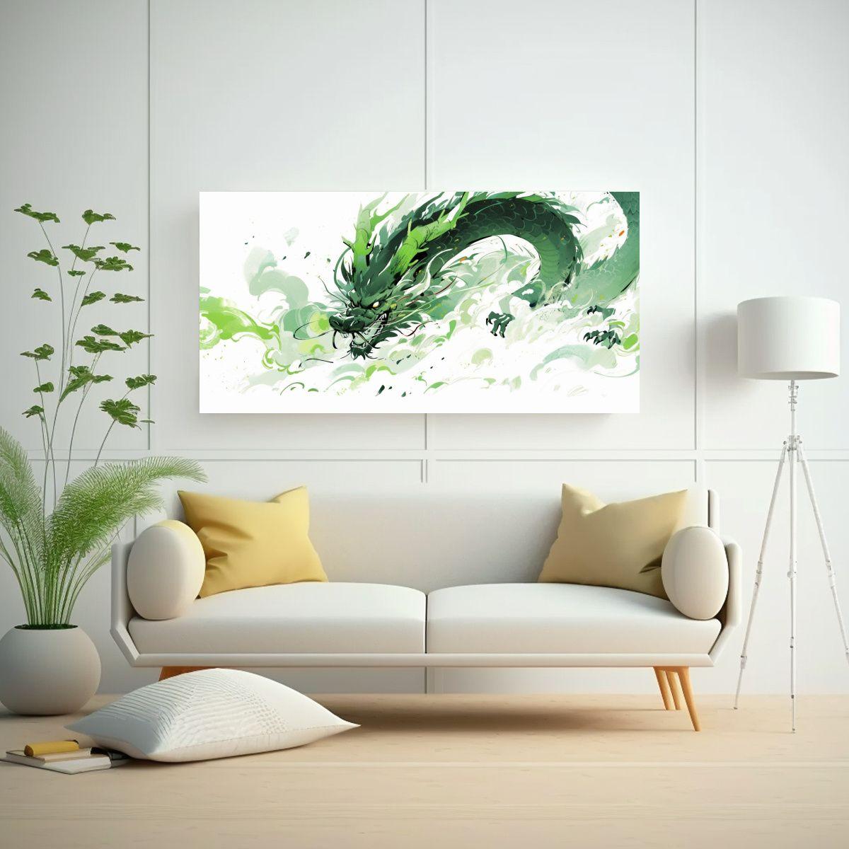 Pintura Decorativa: Dragón En Acuarelas Y Verde N 40x20cm-2