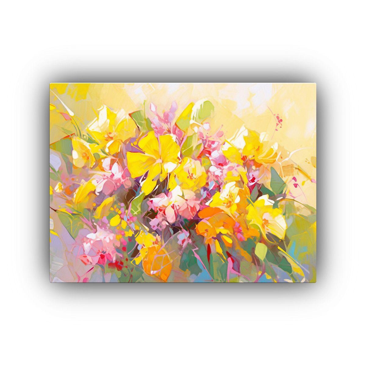 Pintura En Lienzo De Flores Amarillas Y Magentas En Relieve. 45x30cm-0