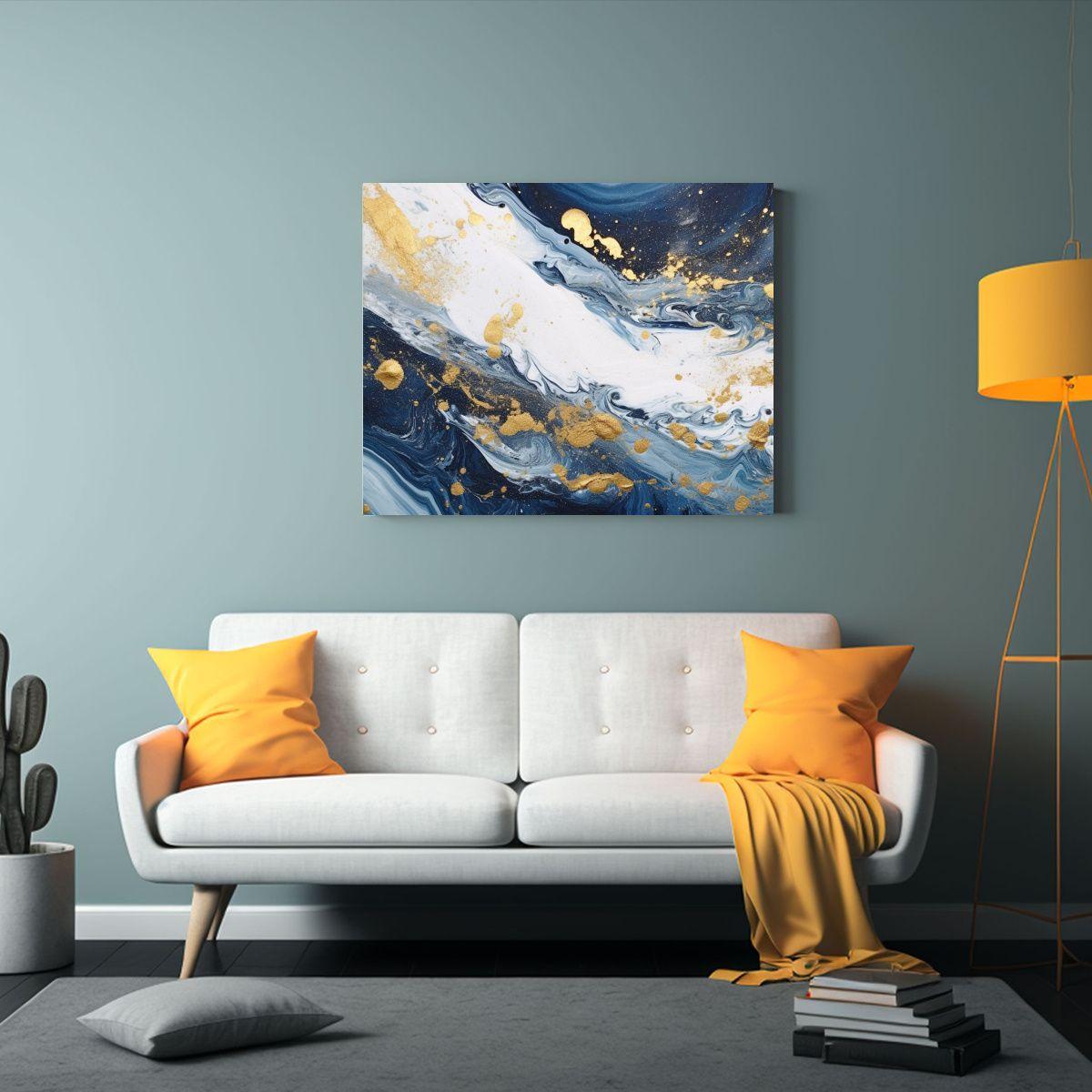 Pintura Abstracta Con Remolinos Azules Y Dorados: 50x40cm-2