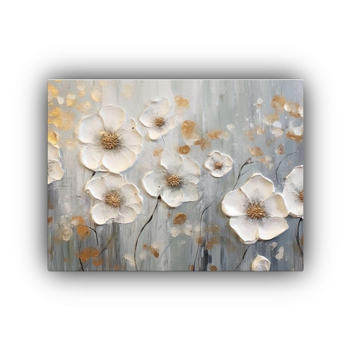 Pintura Al óleo Abstracta De Flores Gris Y Blanco Con Lente 60x40cm-0