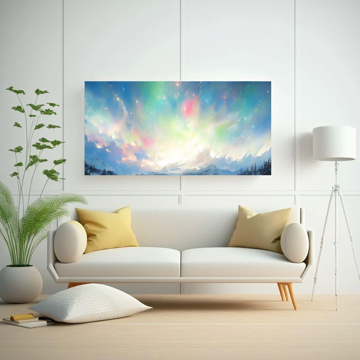 Pintura Abstracta Estilo Aurora Boreal En Tonos Bl 60x30cm-2