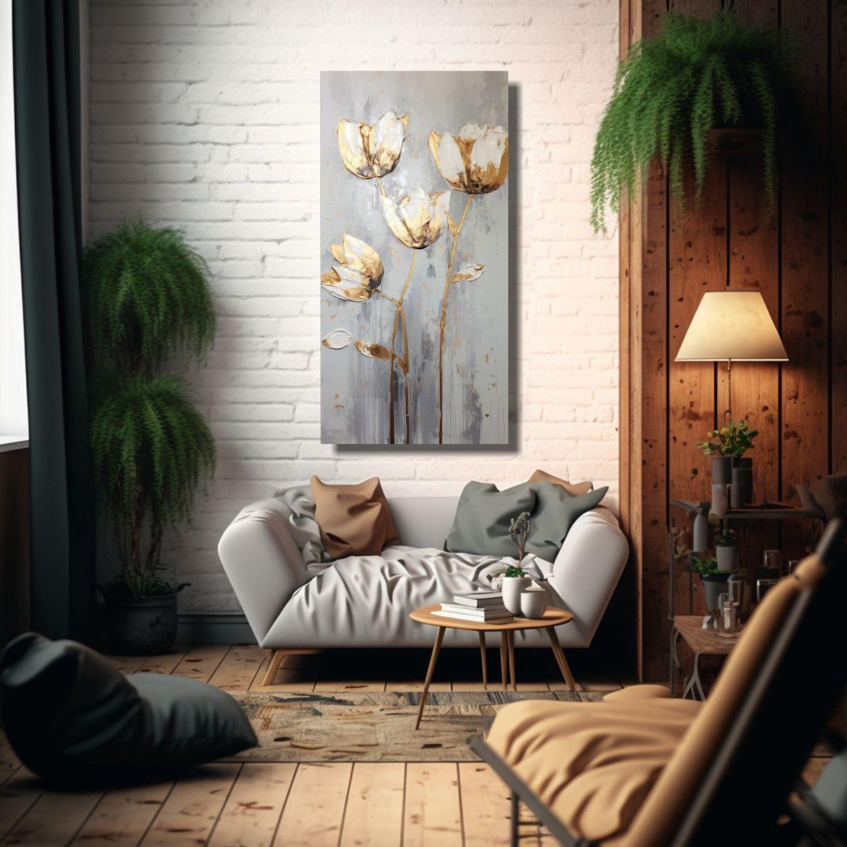 Pintura Espectacular De Tulipanes Dorados En 30x60cm-2