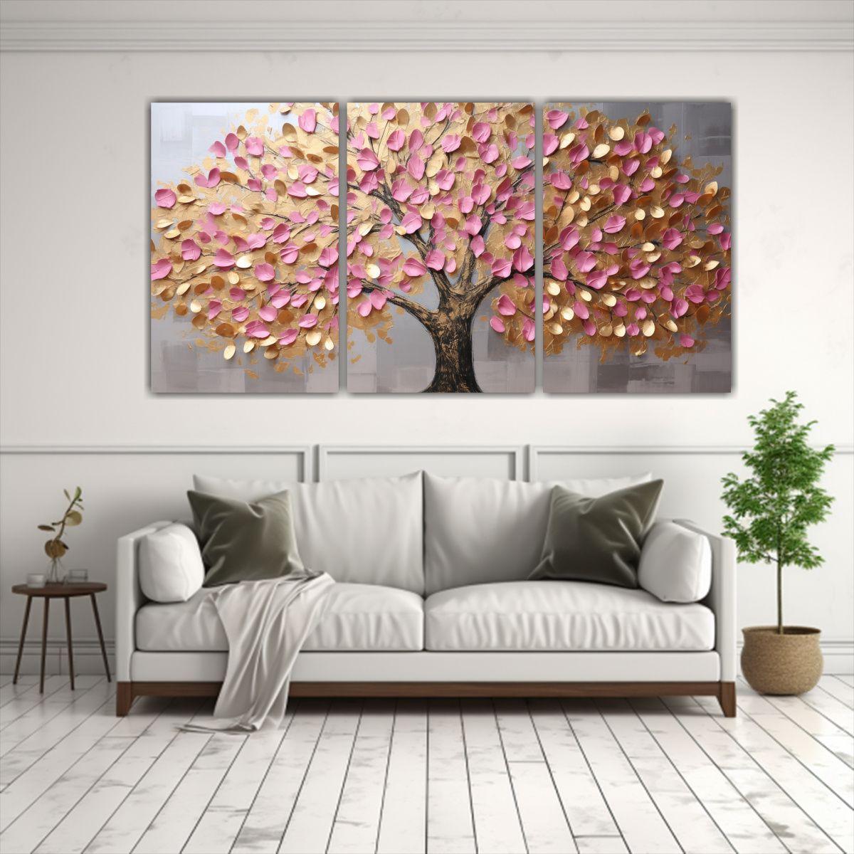 Bastidor Decorativo Tres Telas En Rosa Y Oro 150x75 Cm-2