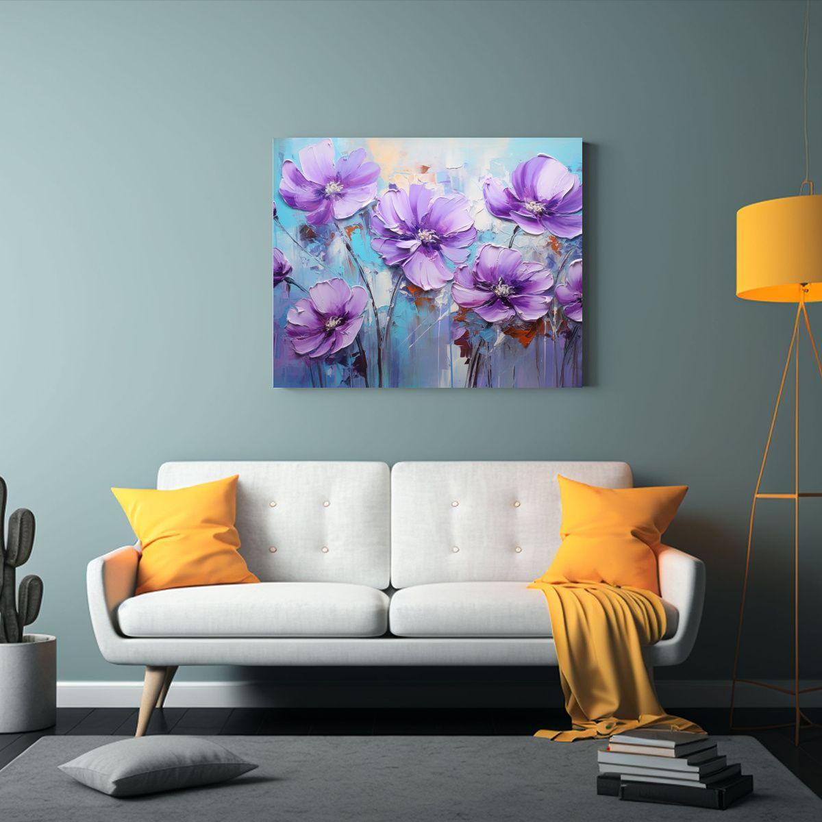 Pintura Floral En Lienzo Con Colores Púrpura Y Cian Para De 30x20cm-2
