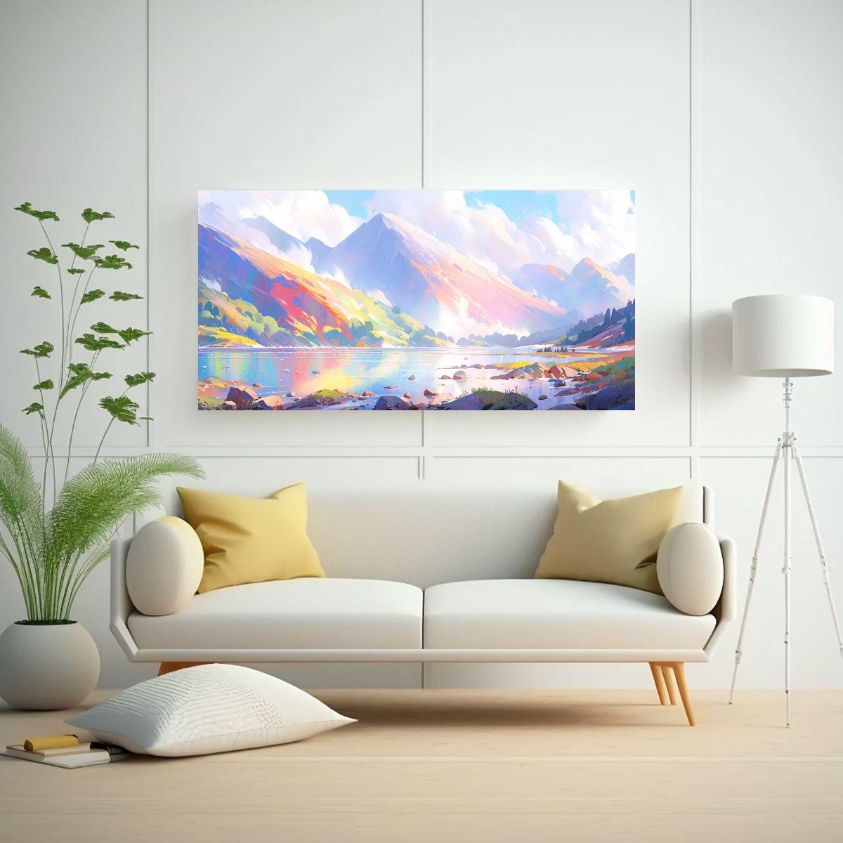 Cuadro En Bastidor Original: Lago Y Montañas Con  160x80cm-2