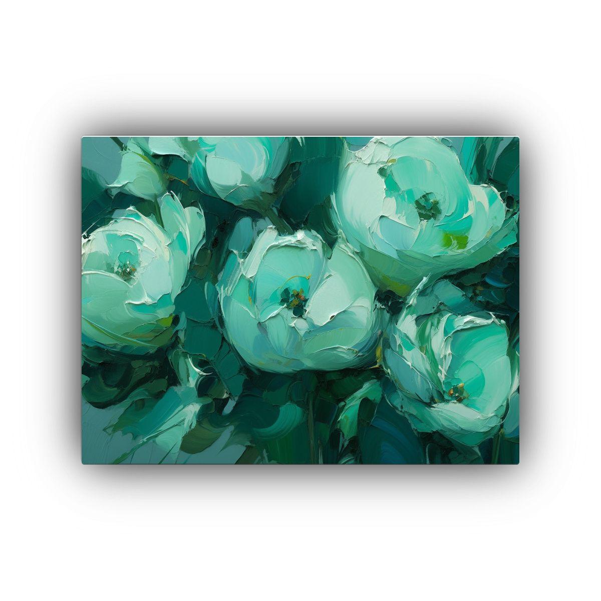Pintura Lienzo Flores Verde Y Turquesa Estilo Líneas Finas  40x30cm-0