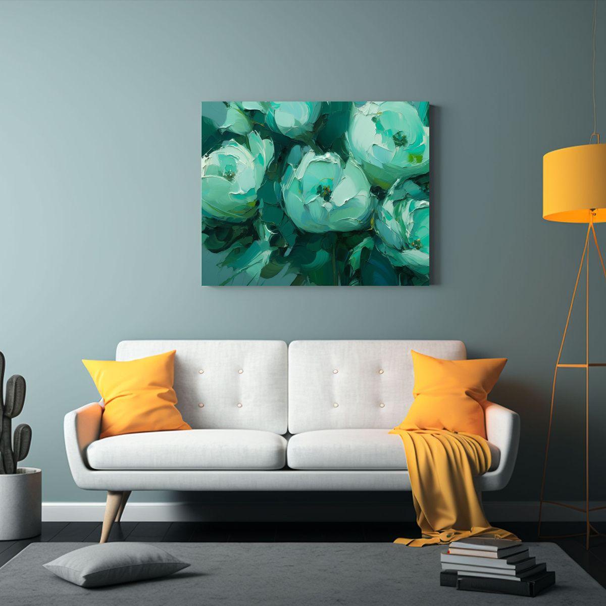 Pintura Lienzo Flores Verde Y Turquesa Estilo Líneas Finas  40x30cm-2