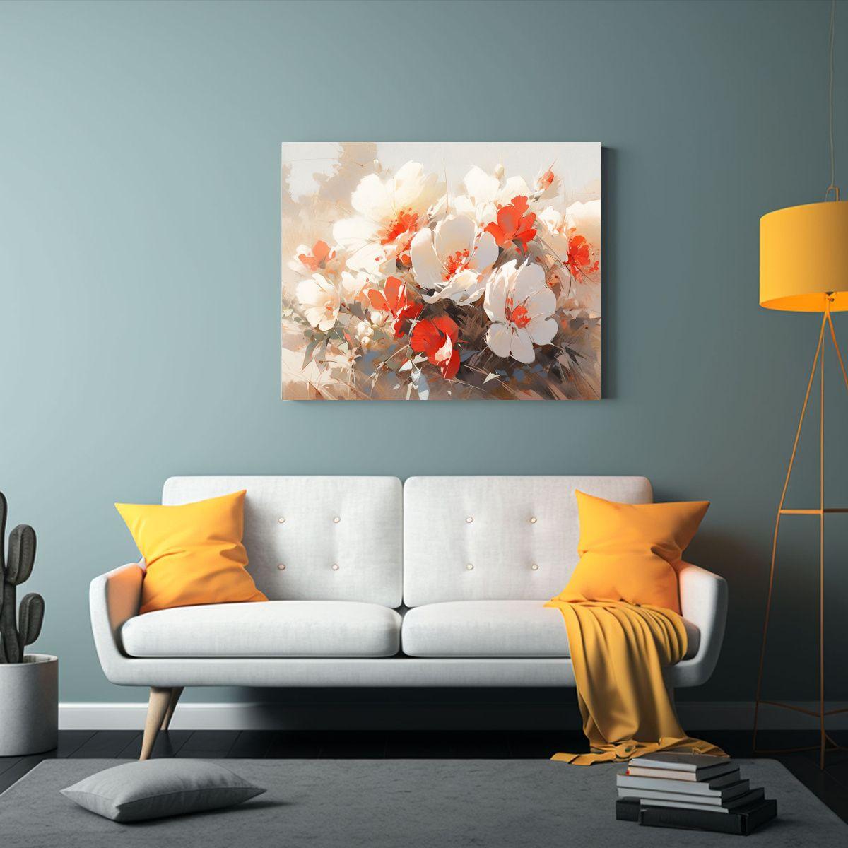 Pintura Lienzo Composición Blanco Y Rojo Con Flores En El S 75x50cm-2
