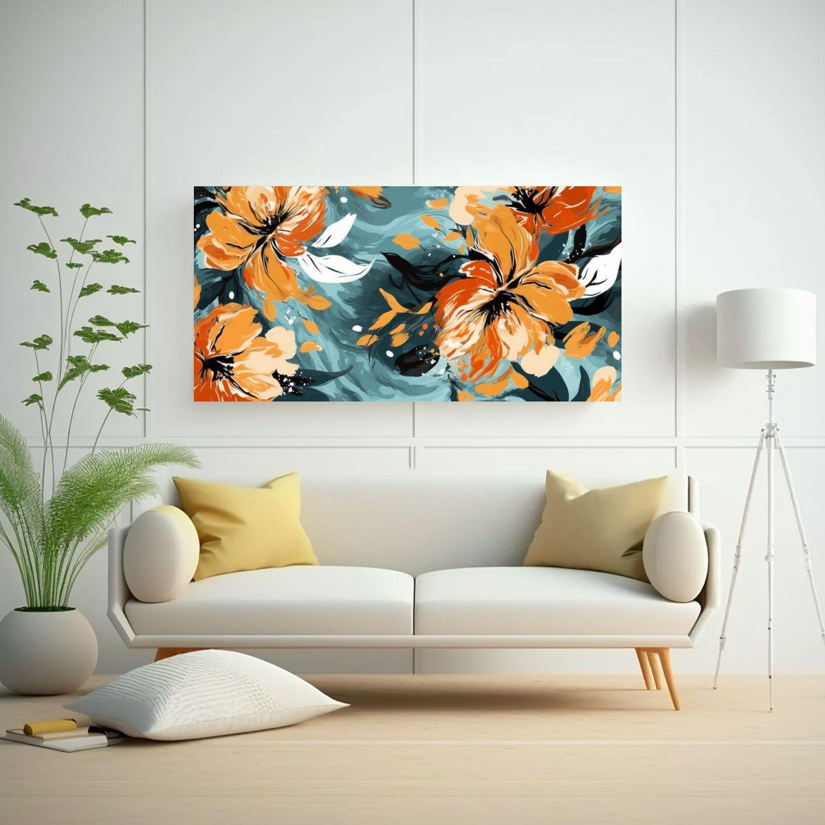 Cuadro Decorativo Floral Naranja Sobre Fondo Azul 60x30cm-2