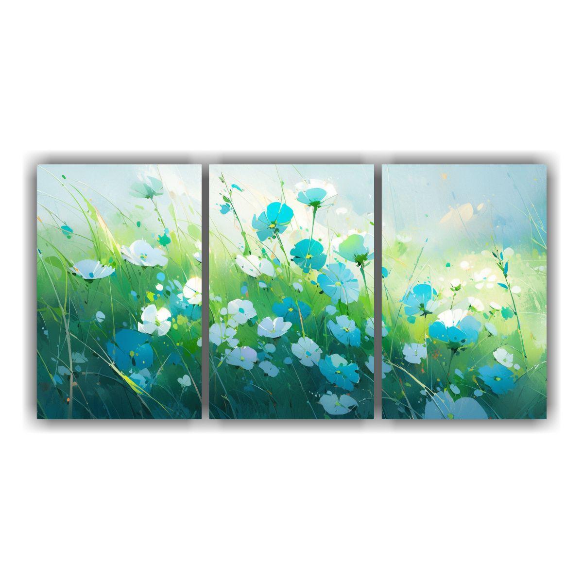 Set 3 Cuadros De Flores En Colores Verde Y Azul 60x30 Cm-0