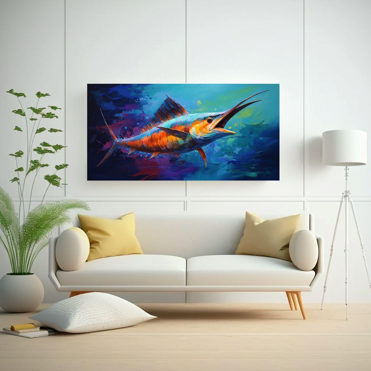Lienzo De Tela Con Marlín En Estilo De Pintura Al 140x70cm-2