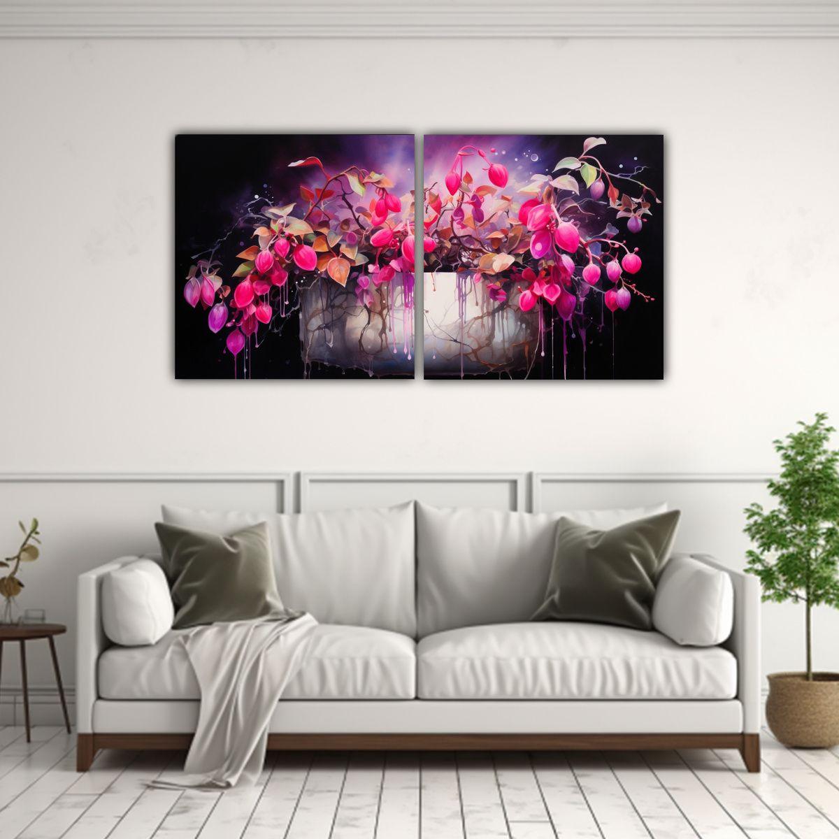 Pintura Abstracta Acuarela Bonsái Fucsia En Tela 60x30 Cm-2