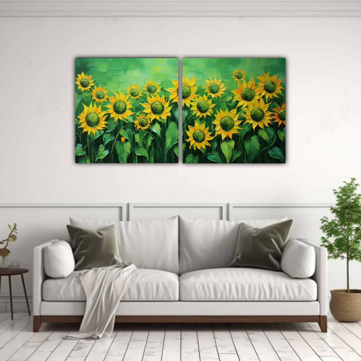 Dos Lienzos Moderno Colorido De Girasoles Verdes 120x60 Cm-2