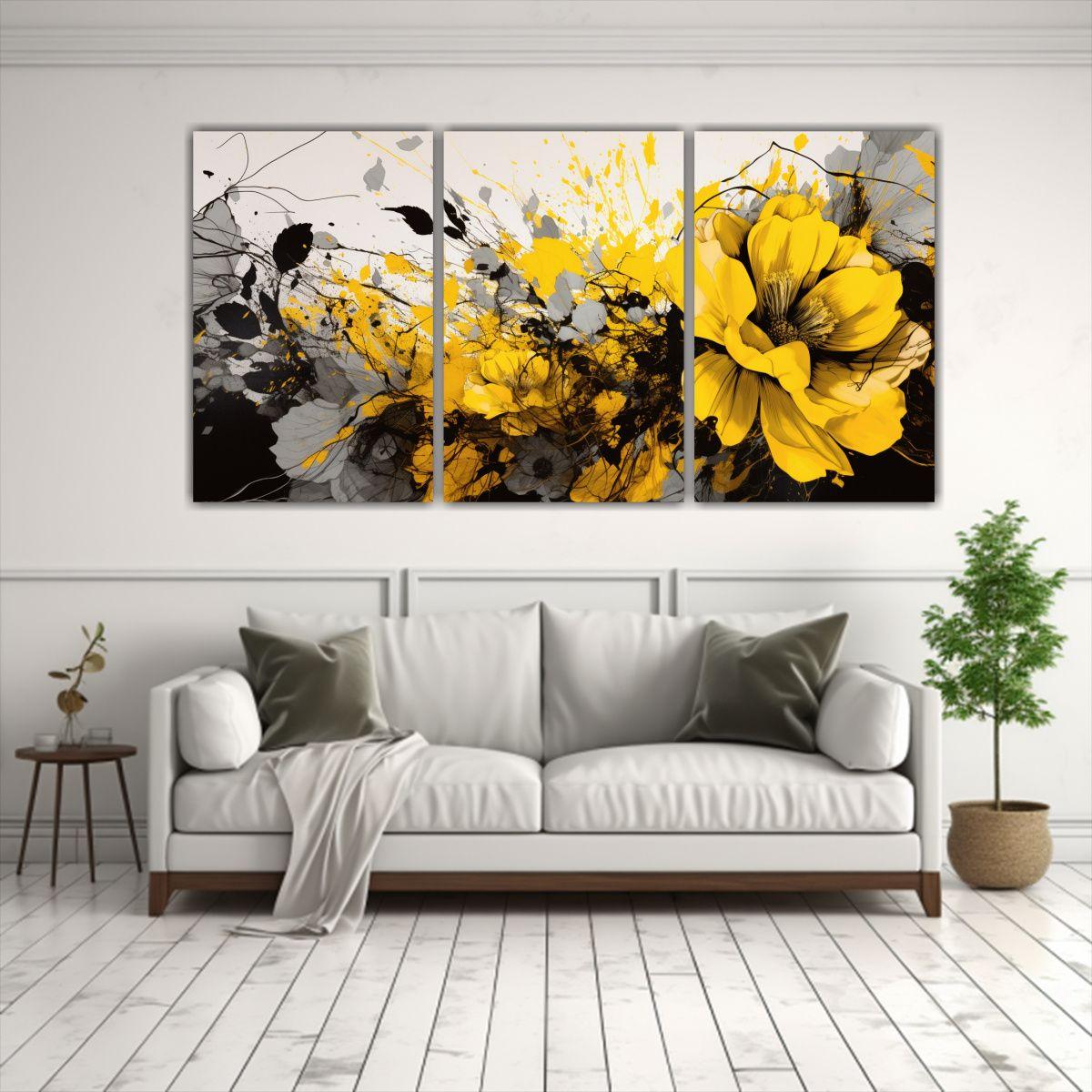 Conjunto 3 Cuadros Abstracción Amarillo Y Negro 120x60 Cm-2